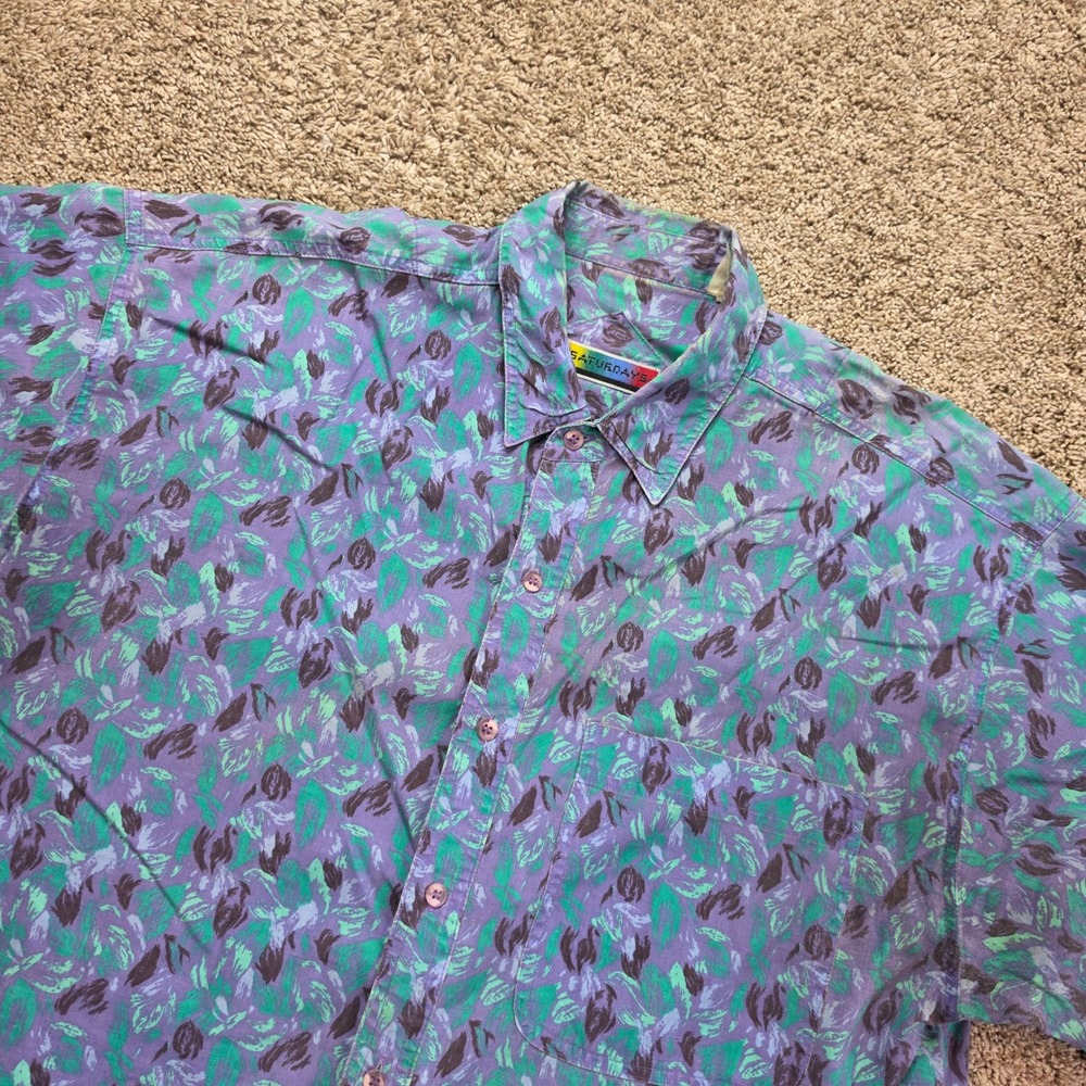 VINTAGE Saturdays Abstract Floral Shirt Mens XL Purple Teal Short Sleeve 90s